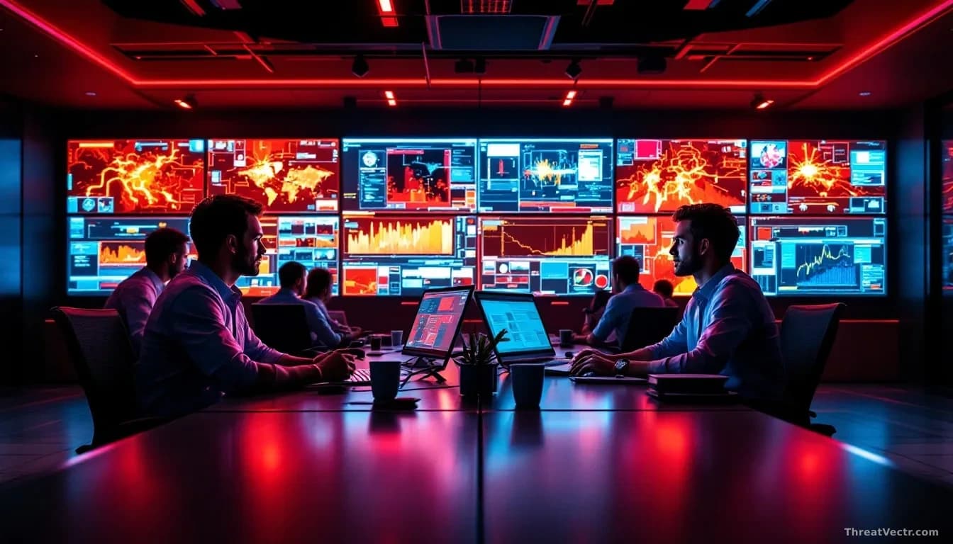 A corporate security operations center with red team and blue team members working together at a shared table reviewing attack simulations and defensive strateg