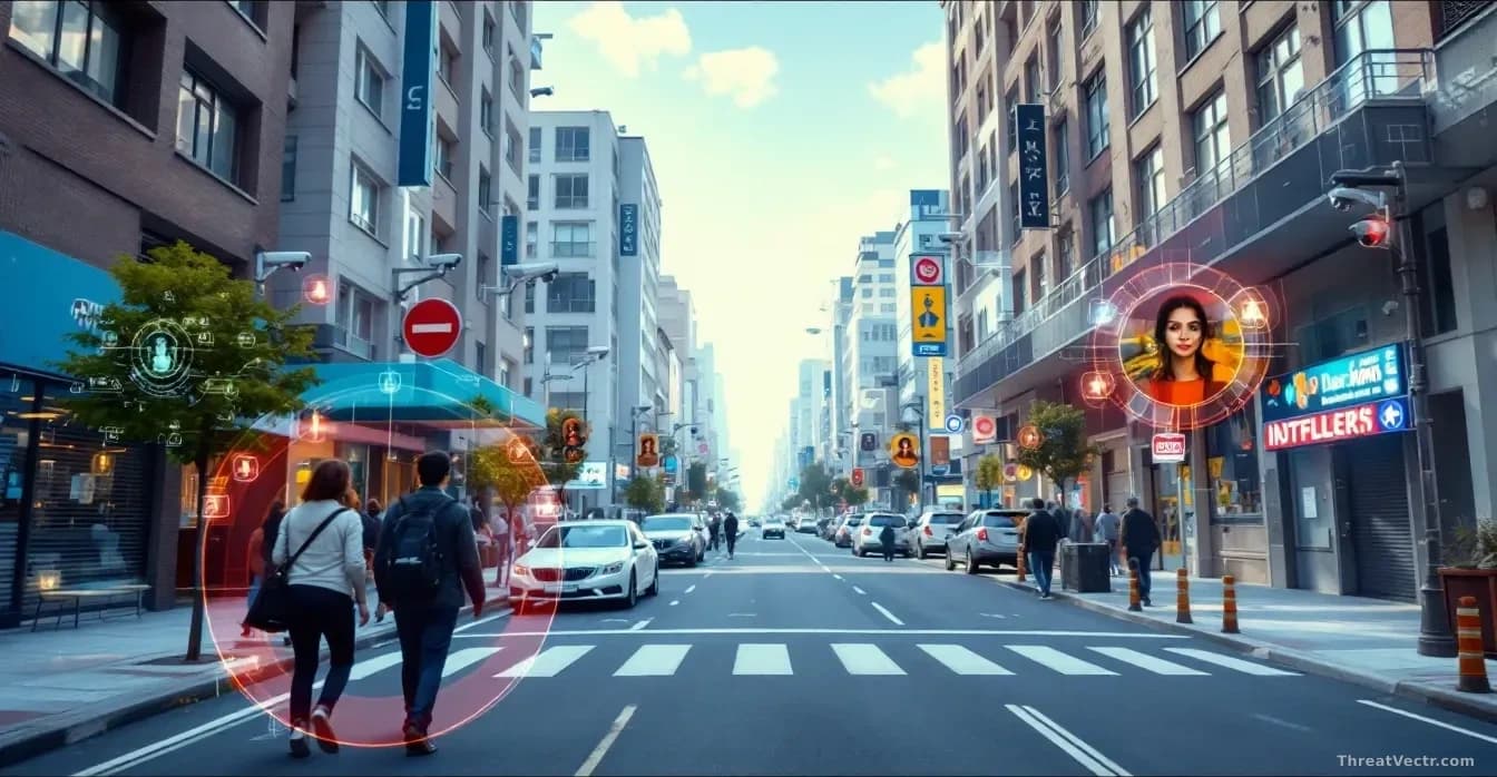 A public street in an urban area with surveillance cameras mounted on buildings, with data visualization showing facial recognition processing and identificatio