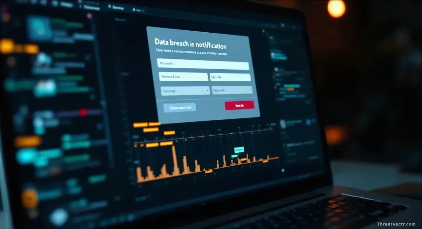 A data breach notification screen displayed on a customer's computer, with personal information fields visible and a timeline of compromised customer records in