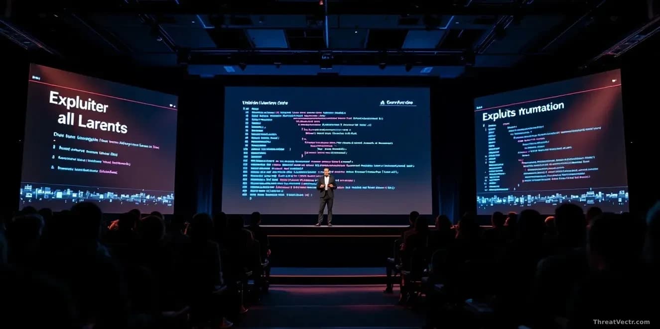 A presentation stage at a cybersecurity conference with a speaker addressing an audience, with slides showing exploit code and vulnerability data behind them