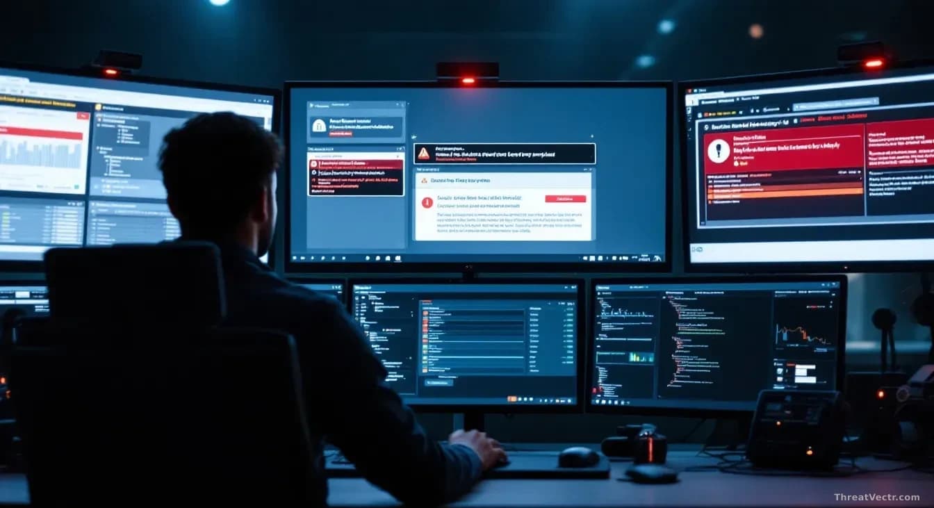 A security operations center with multiple screens displaying firewall software interfaces, with red alert notifications and authentication bypass warnings high