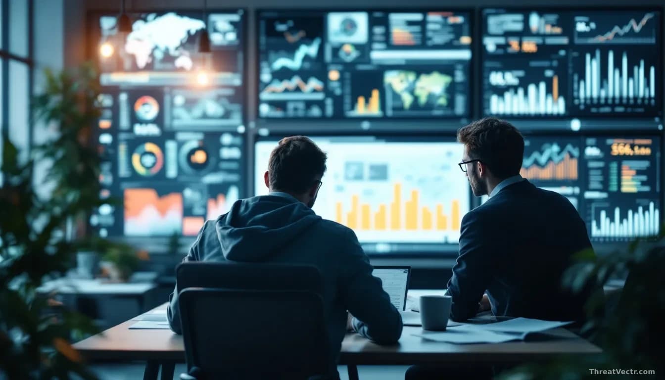 A modern investment office with people reviewing documents and charts on large displays, with AI-related diagrams and startup metrics visible on screens