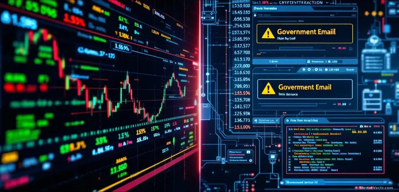 Split-screen digital representation showing cryptocurrency exchange data on one side and government email infrastructure on the other, both displaying intrusion