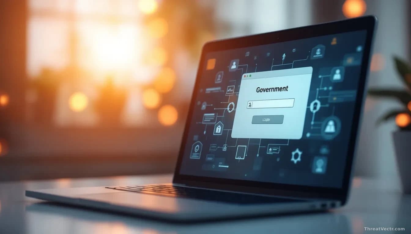 A browser window open on a laptop showing a government login portal with security warning icons, surrounded by digital vulnerability indicators on the screen