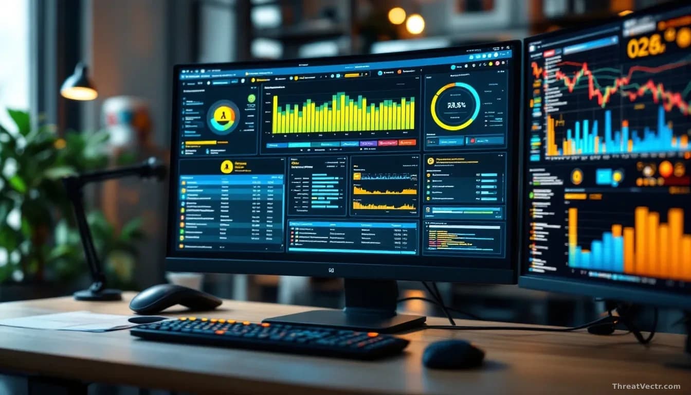A corporate IT dashboard on multiple monitors showing enterprise device management software interface with highlighted security warning indicators and system co