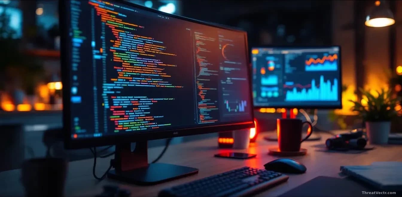 A software development workspace with AI coding assistant running on one monitor displaying auto-imported open source packages at high speed, a security team's