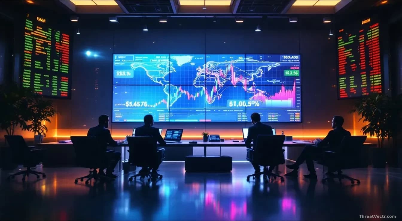 A financial trading floor or merger room with large screens displaying acquisition announcements and deal values, executives reviewing contracts, representing c