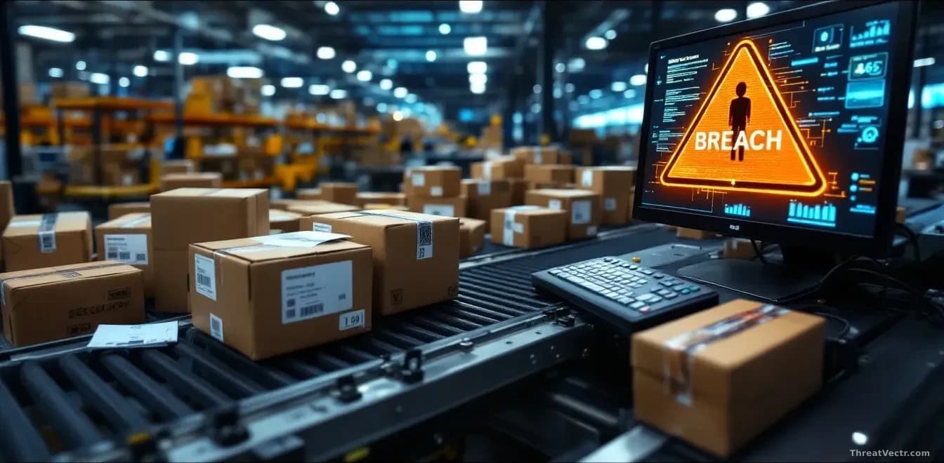 A warehouse or logistics facility with packages being processed on conveyor systems, security breach notification on nearby computer screen, shipping labels and
