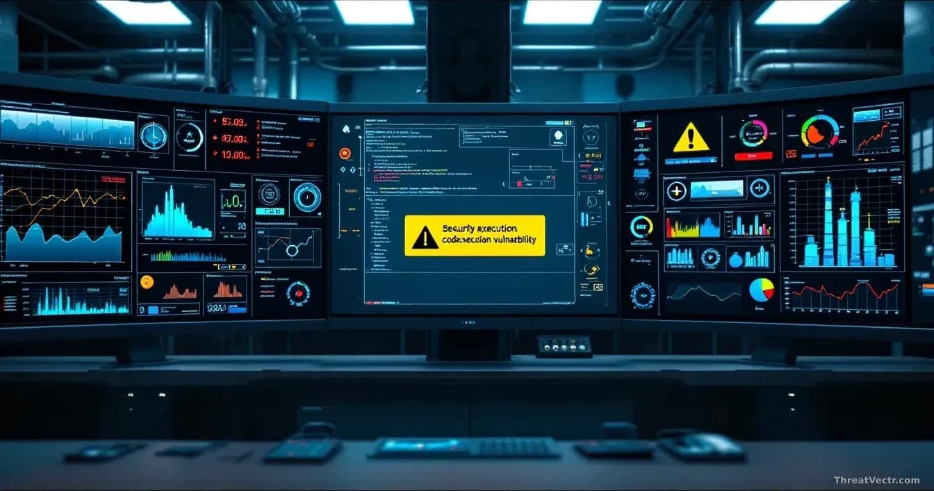 An industrial control room with SCADA system displays showing pipeline and manufacturing equipment monitoring, a security alert panel highlighting a code execut