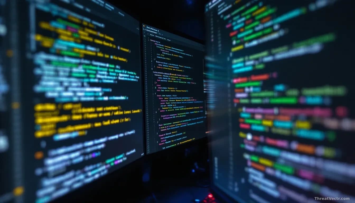 A GitHub repository page on multiple monitors showing watermark removal tool repositories and modifications uploaded rapidly, code commit timestamps visible, re