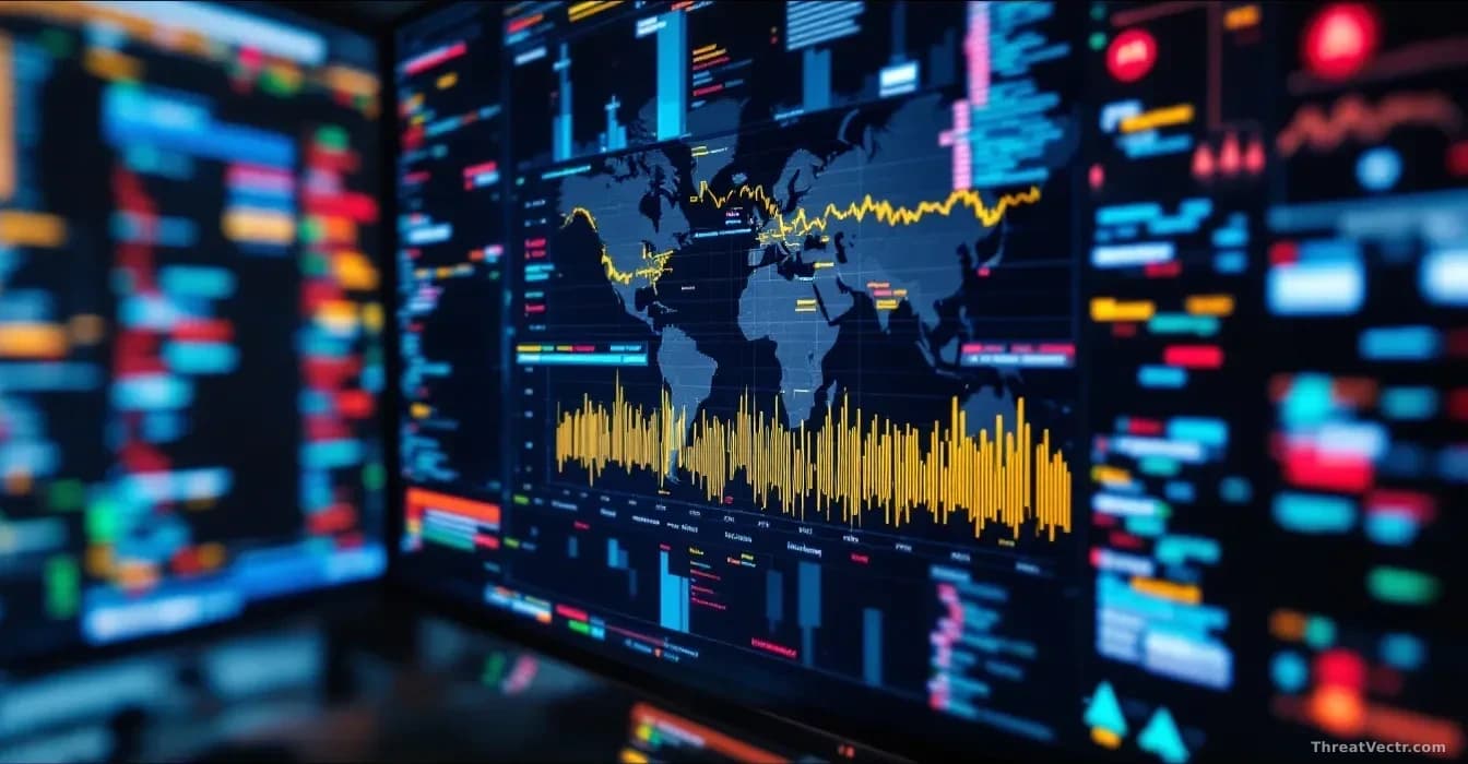 A security analyst's workstation displaying attack traffic logs and map software vulnerability alerts in real-time, network packets visible crossing between sys