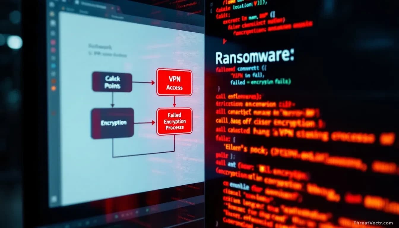A network diagram on a screen showing compromised VPN access points and failed encryption processes, ransomware code partially displayed with error messages, re