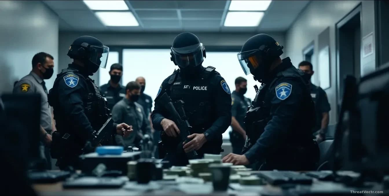 A police operation with officers in tactical gear entering a building, seized computers and cash visible on tables, international law enforcement insignia prese