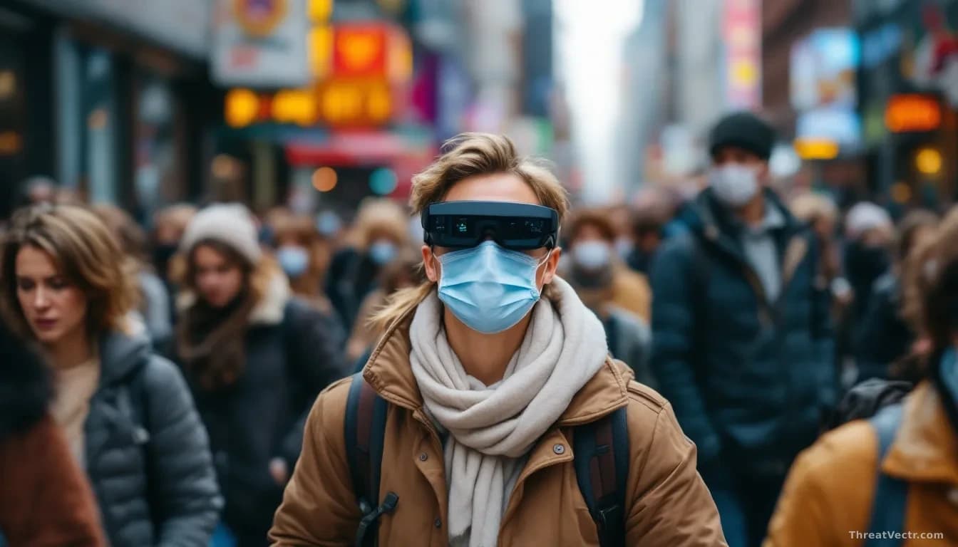 A crowded urban street scene with pedestrians, one person wearing smart glasses recording their surroundings, faces blurred, with visible concern from passersby