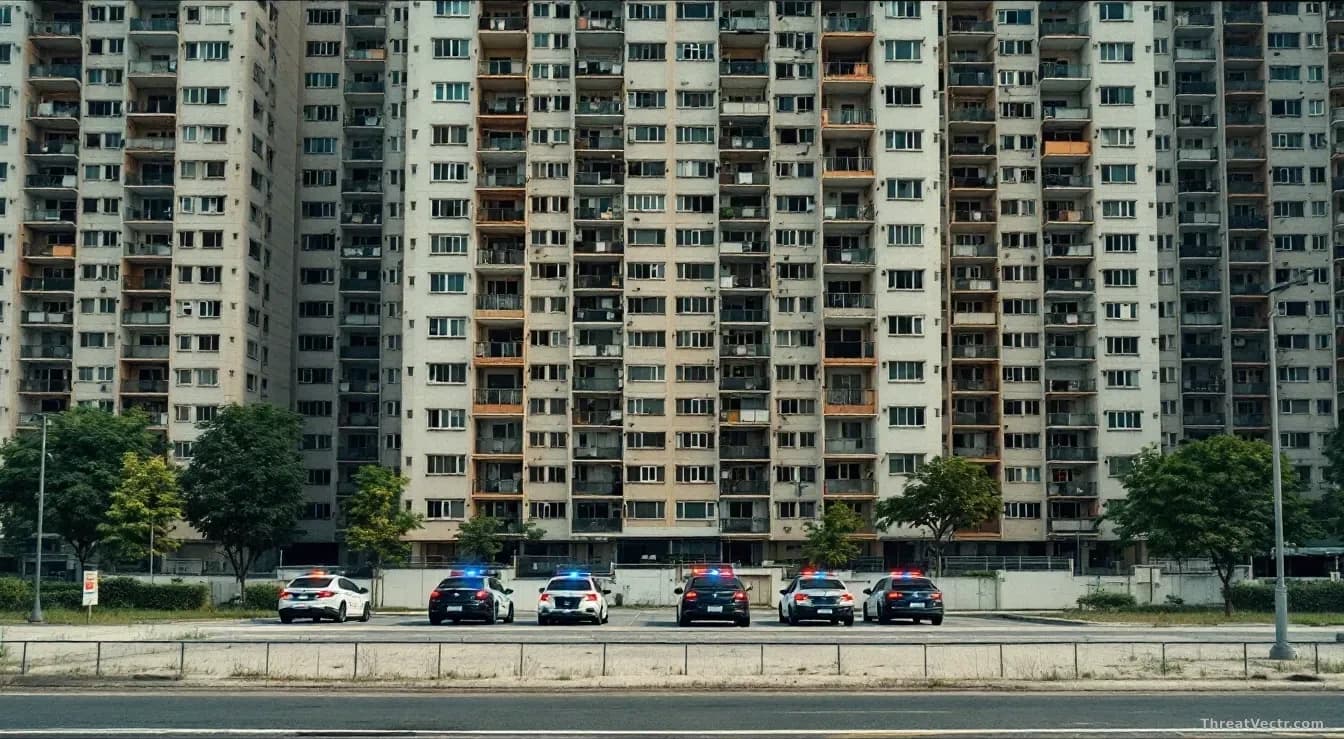 An empty high-rise apartment building in an urban development with rows of vacant units visible through windows, police vehicles parked outside, representing th