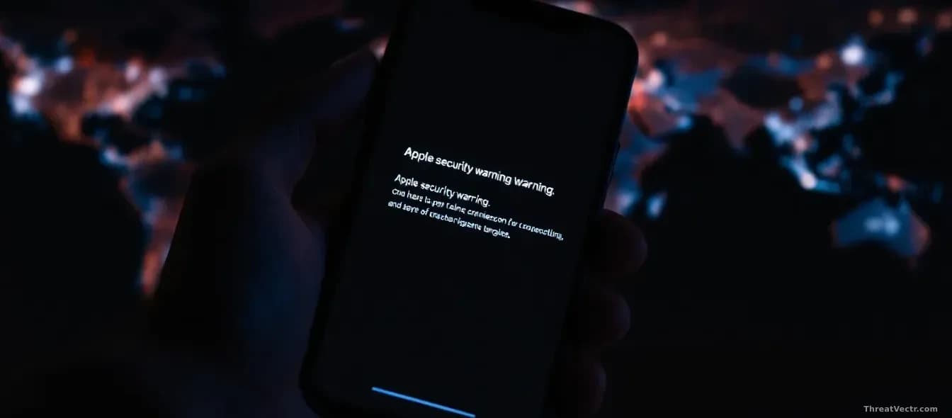 A smartphone screen displaying an Apple security warning notification, held in a hand in dim lighting, with a world map faintly visible in the background sugges