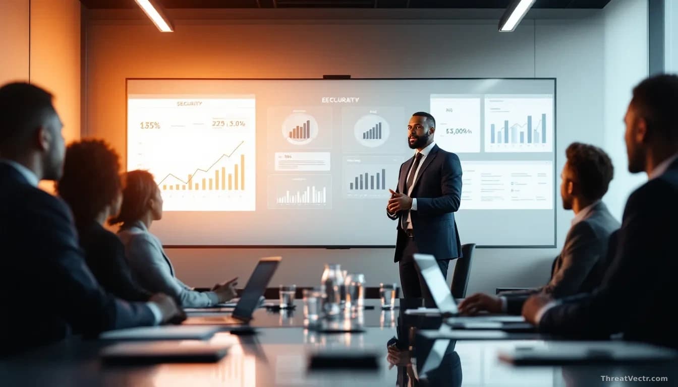 A modern boardroom where a security executive stands presenting to business leaders around a conference table displaying revenue metrics and risk charts side-by