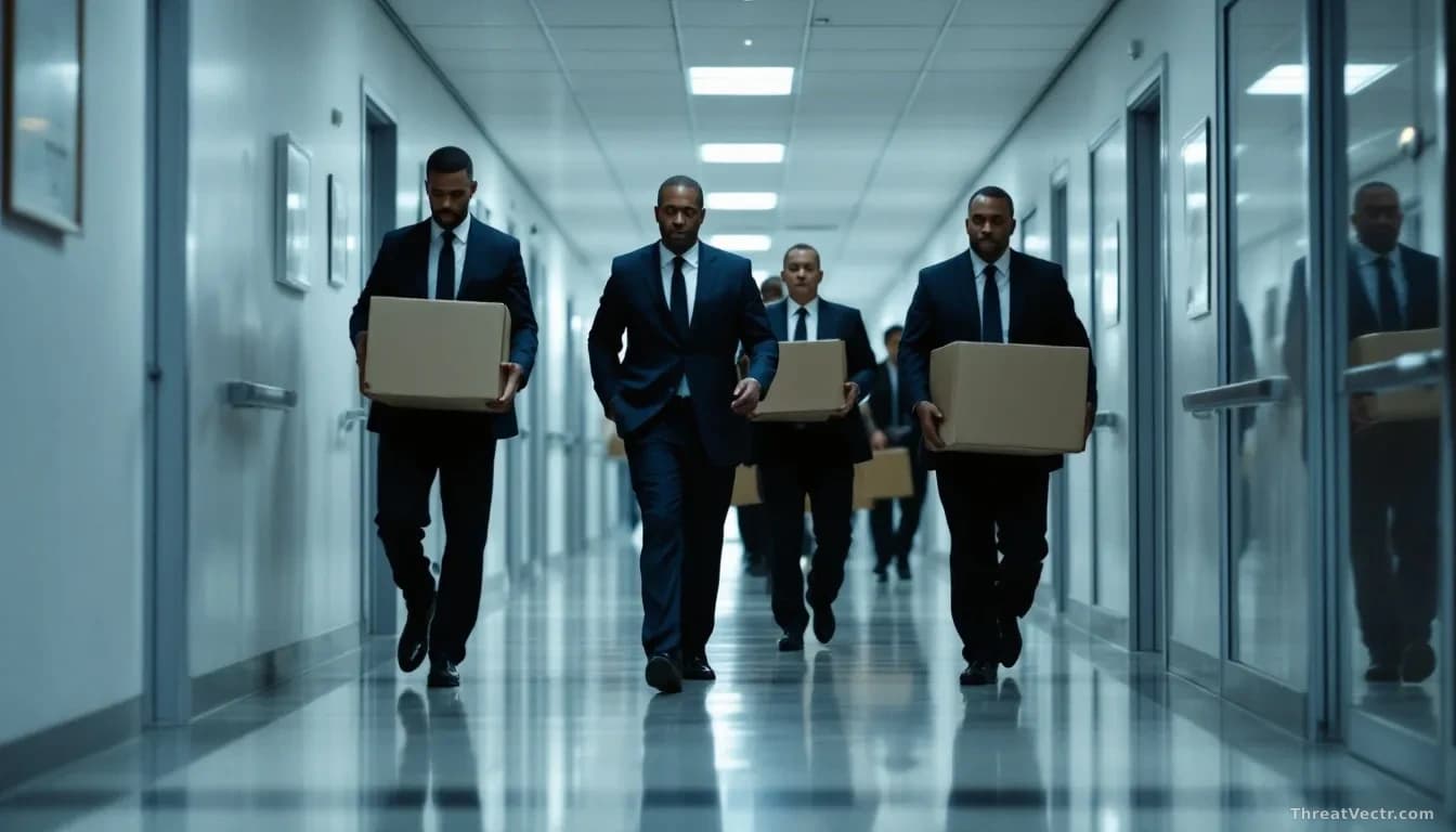 A corporate office hallway with security personnel and law enforcement personnel walking through, file boxes being carried out, representing the aftermath of th