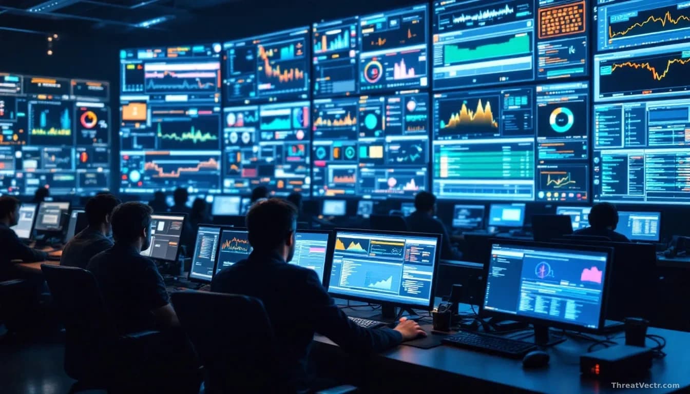 A busy security operations center with multiple analysts at stations overwhelmed with alert dashboards and priority queues stretching across multiple screens, c