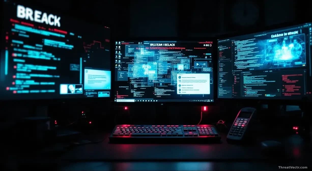 A dark desktop workspace with multiple monitors displaying fragmented data streams and breach notifications, a phone sitting nearby suggesting communications in