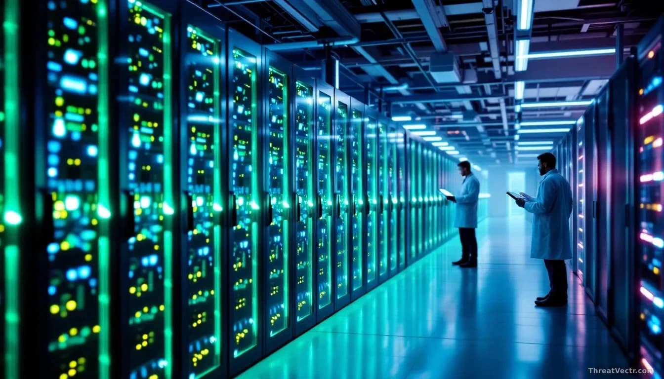A server room with rows of quantum computing hardware emitting soft blue and green light, technicians in lab coats reviewing schematics on tablets nearby, empha