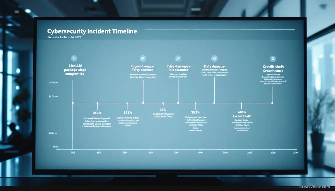Cybersecurity incident timeline chart on a large monitor showing the LiteLLM package compromise alongside the separate Trivy scanner vulnerability, with data da