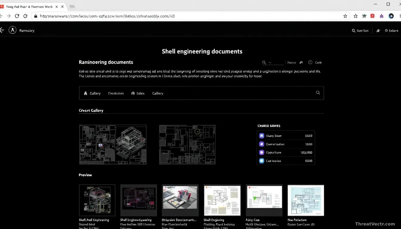 Ransomware gang dark-web listing page displaying stolen Shell engineering documents preview, with file thumbnails showing CAD drawings and project specification
