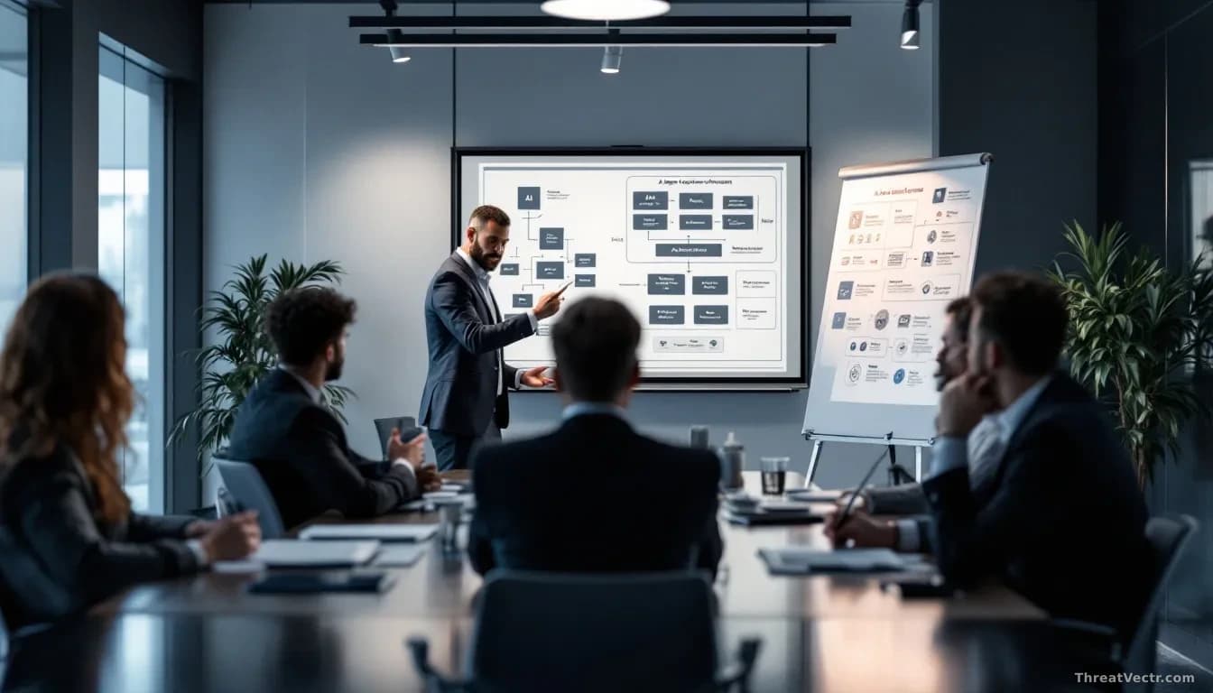 Modern tech office meeting room where two startup leadership teams are finalizing a merger agreement, with cybersecurity architecture diagrams on whiteboards sh