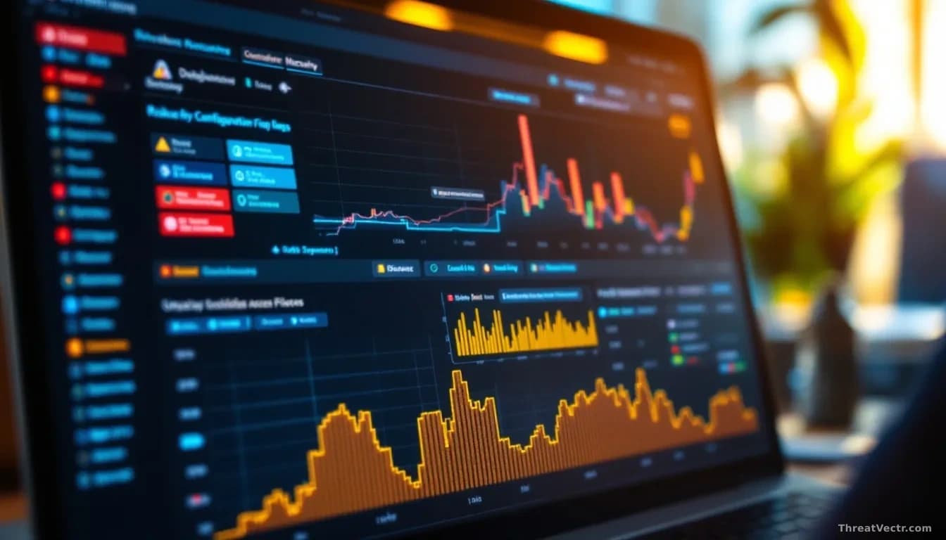 Database security monitoring dashboard displayed on a workstation showing risky configuration flags and unusual access patterns being detected across multiple d