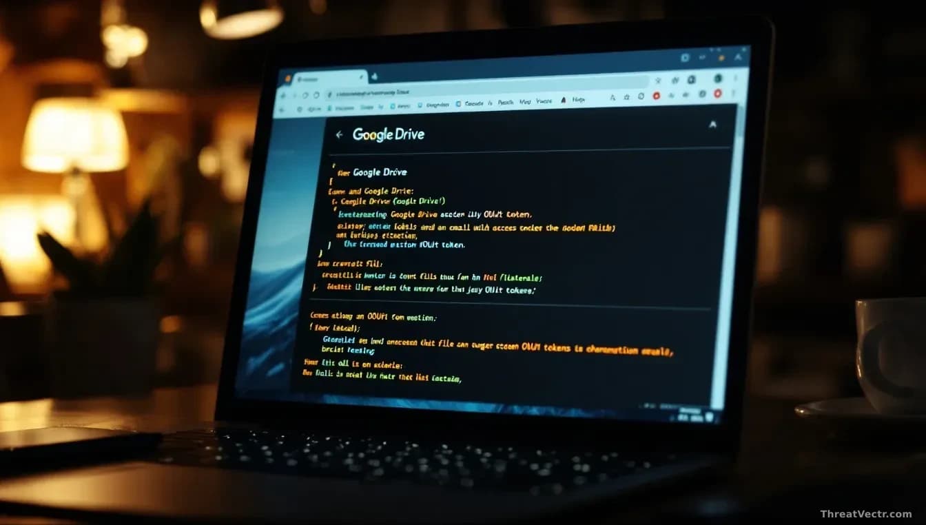 Gmail and Google Drive interface open on a computer screen with access granted through stolen OAuth tokens, showing unauthorized file access and email reading w