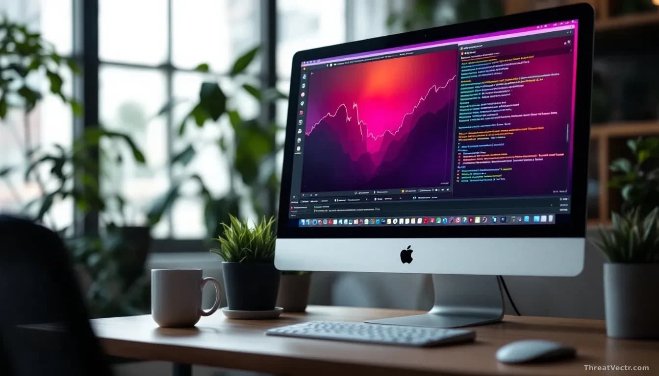 Mac computer setup in an office with screen sharing remotely active, malware process running in the background detected by system logs, cryptocurrency mining st