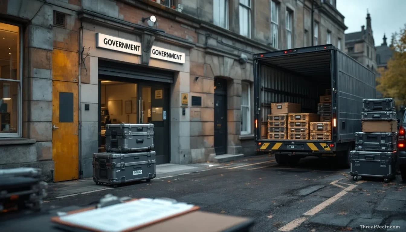 Government office building in Edinburgh with survey equipment cases and hard drives stacked near an unsecured loading area, clipboard with employee rosters visi