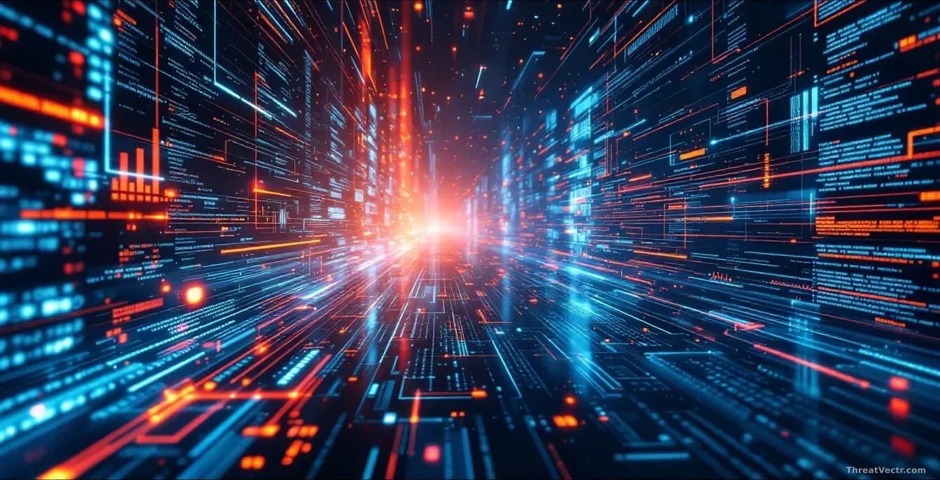A vast digital database visualization showing cascading vulnerability reports flooding a screen, with AI algorithms processing the data stream indicated by anim