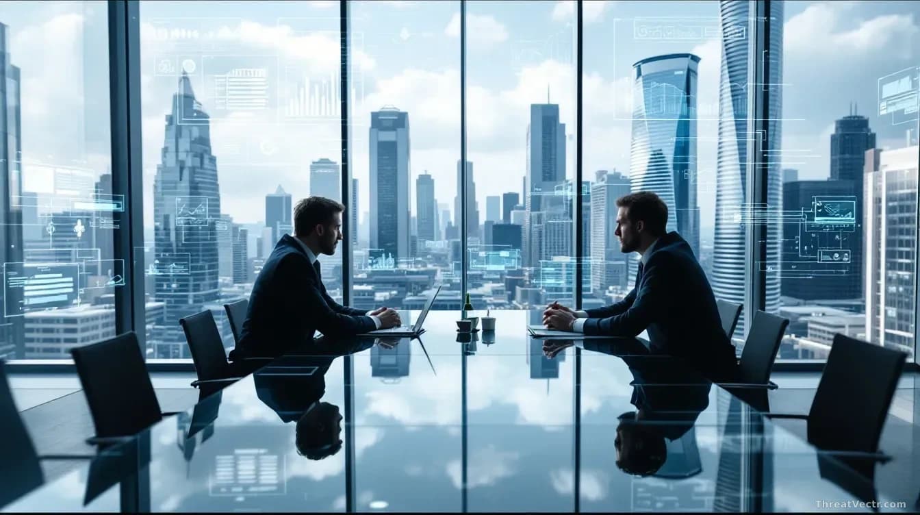 Senior executive at a modern glass conference table overlooking a cityscape, surrounded by security infrastructure diagrams and data analytics displays on the w