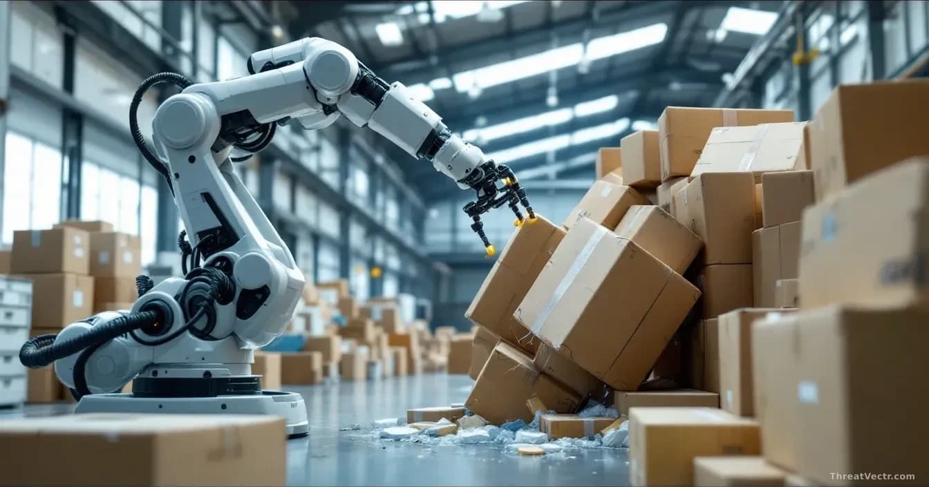 An autonomous robotic arm in a warehouse setting that has accidentally toppled a stack of packages, with security camera footage timestamp visible in the corner