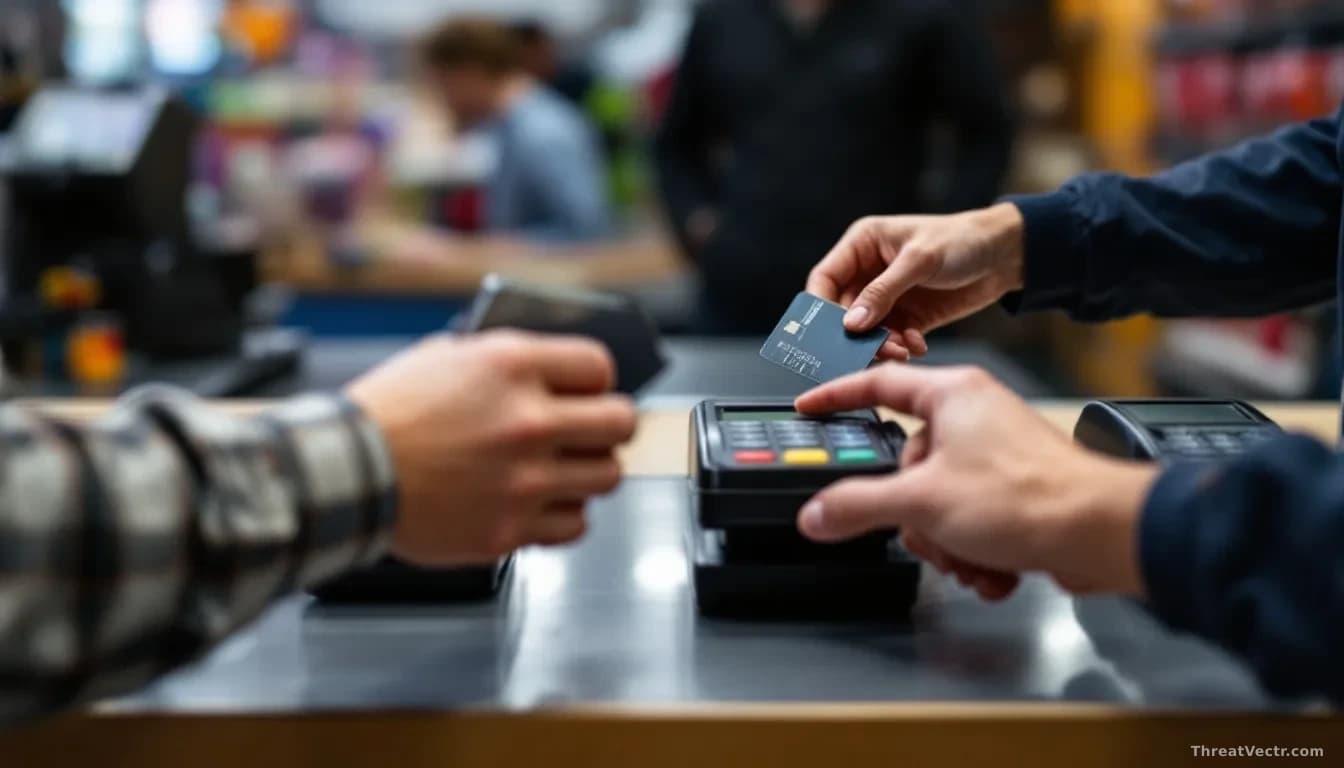 Multiple payment card readers at a retail checkout counter, with one device slightly different and containing concealed micro-electronics, customer reaching tow