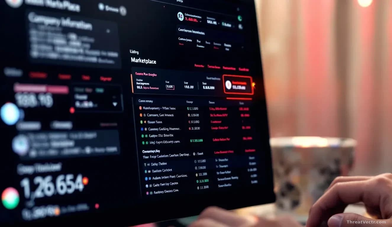 Dark computer monitor displaying a marketplace listing interface with redacted company information and encrypted transaction details visible in the glow
