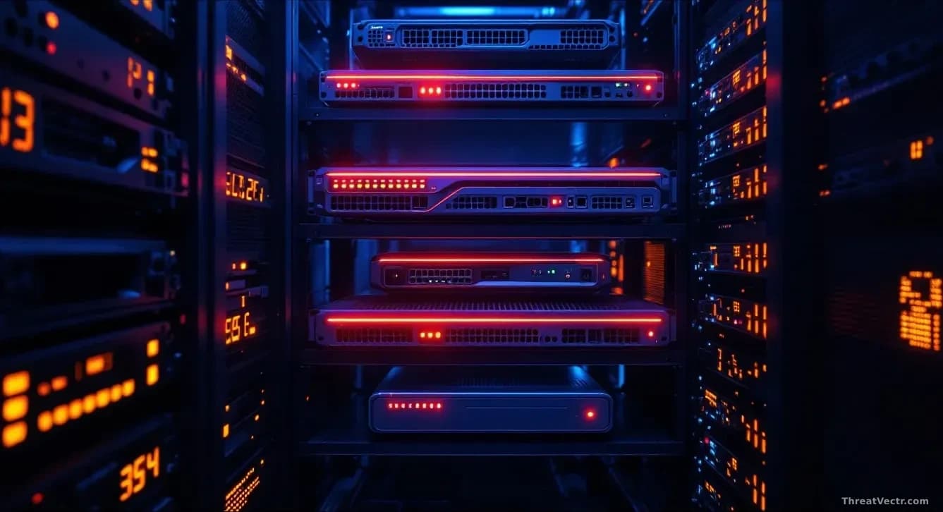Array of home networking routers stacked and arranged on shelves in a data center environment, their status lights blinking in an unsynchronized pattern suggest
