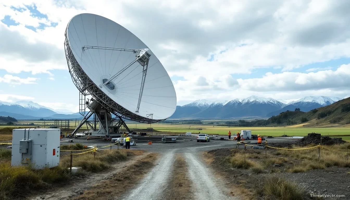 A large satellite dish installation site on rural New Zealand farmland, with warning tape cordoning off the equipment and surveyors' instruments scattered nearb