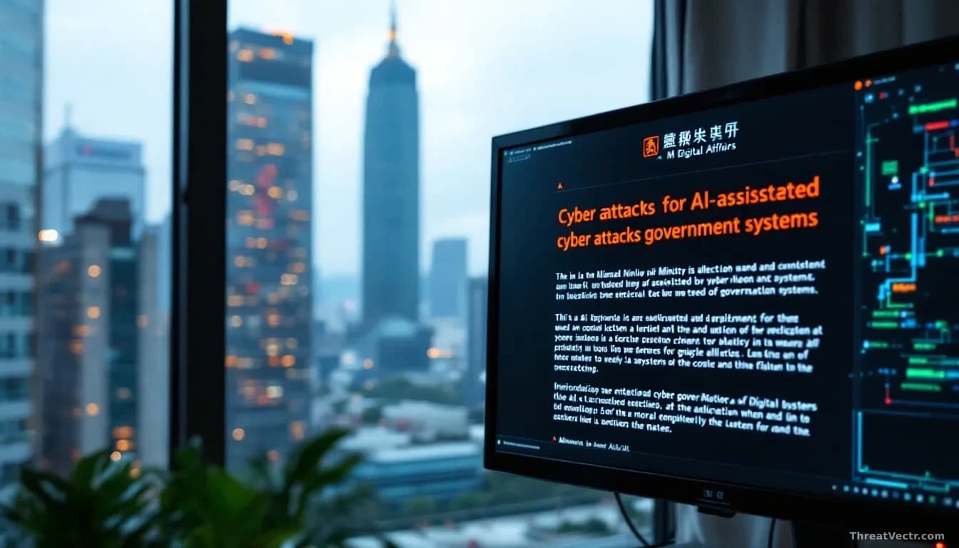 A government building in Taipei visible through a window, while in the foreground a computer screen displays Taiwan's Ministry of Digital Affairs alert notifica