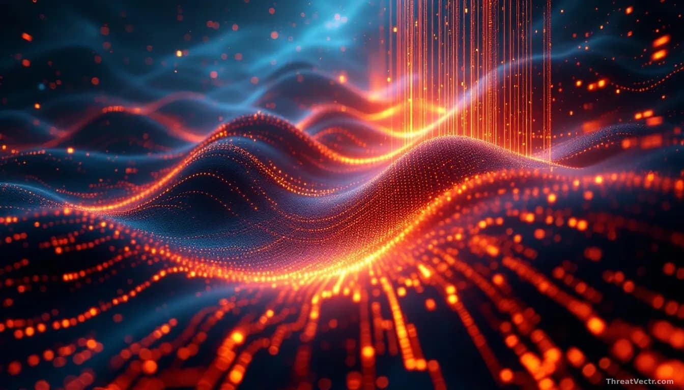 A network traffic visualization showing waves of DDoS attack packets hitting server infrastructure, with real-time defense responses filtering and blocking the