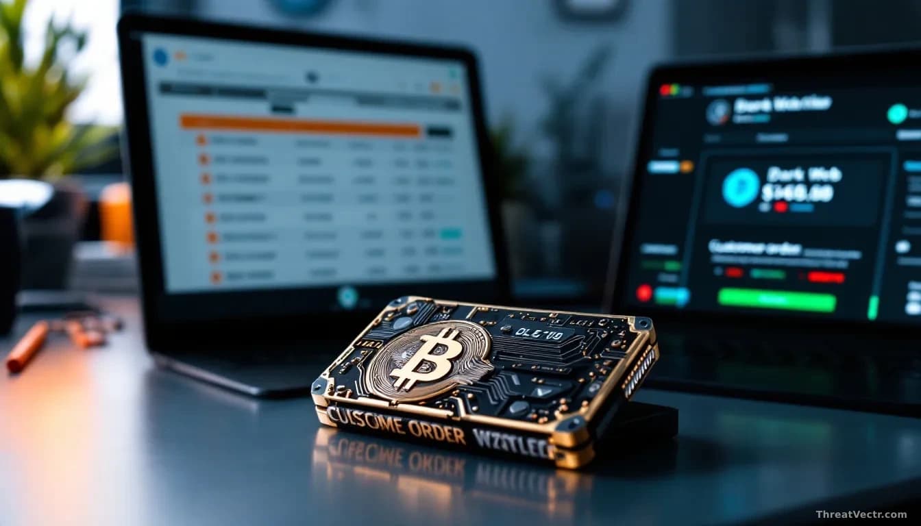 A cryptocurrency hardware wallet device photographed next to a laptop displaying customer order records and a dark web marketplace listing showing the same data