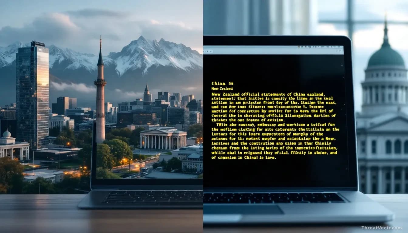A split-screen composition with New Zealand national symbols and government buildings on one side, and Chinese embassy official statement text on a computer scr