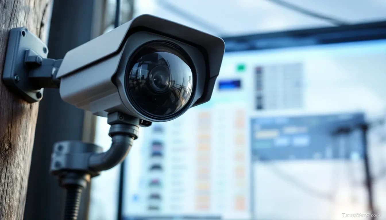 A roadside license plate reader camera mounted on a utility pole with close-up detail, while a computer interface behind shows a database of vehicle records bei