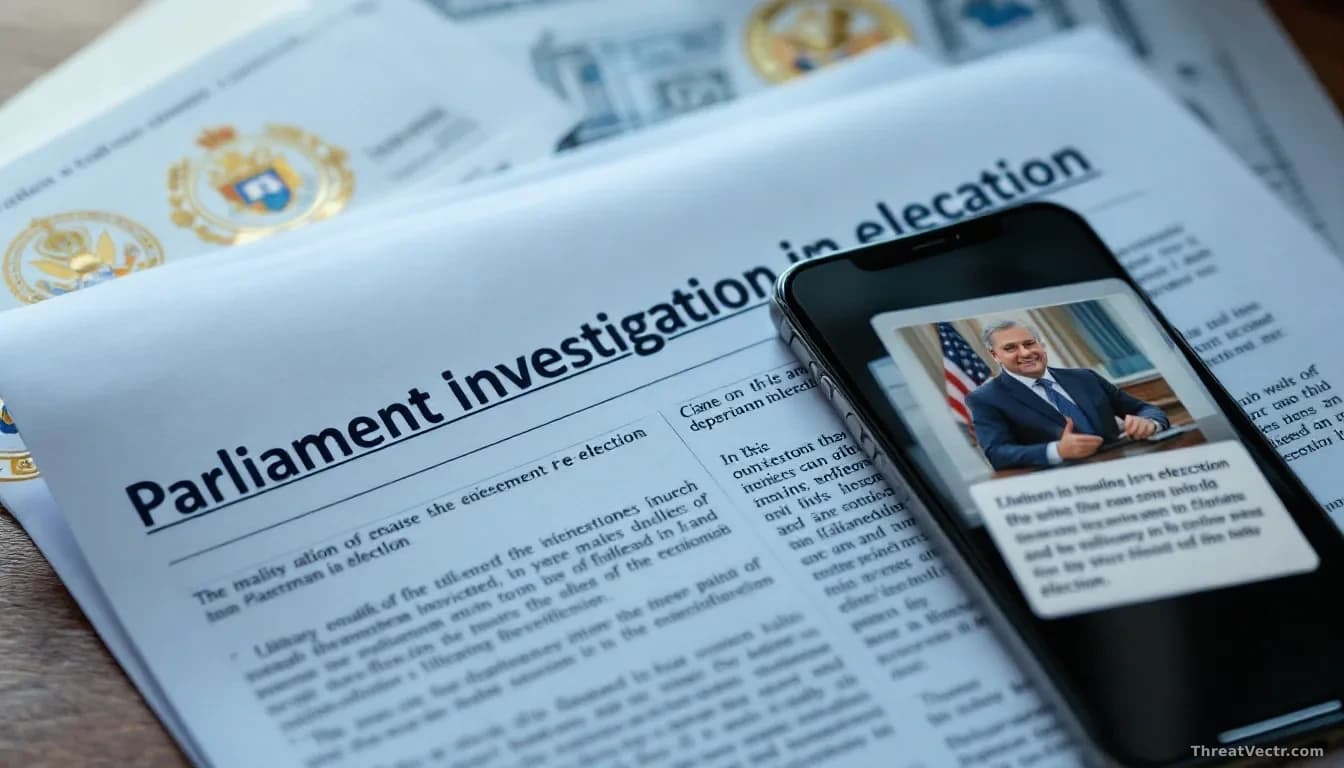 A parliamentary investigation document spread across a desk with parliamentary seals, next to a news notification on a phone screen about a political figure's r