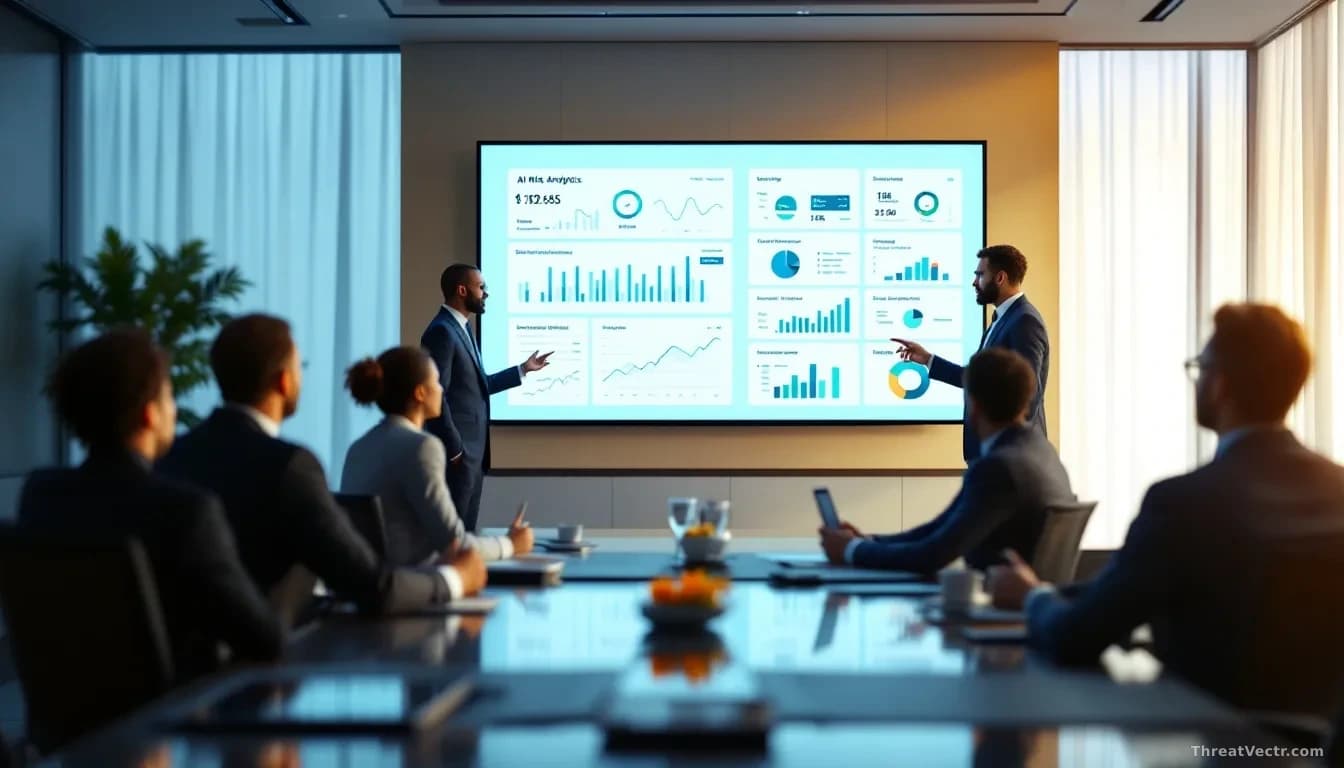 An executive boardroom table with a security leader presenting on a large display screen showing AI risk analytics, business metrics, and strategic threat dashb