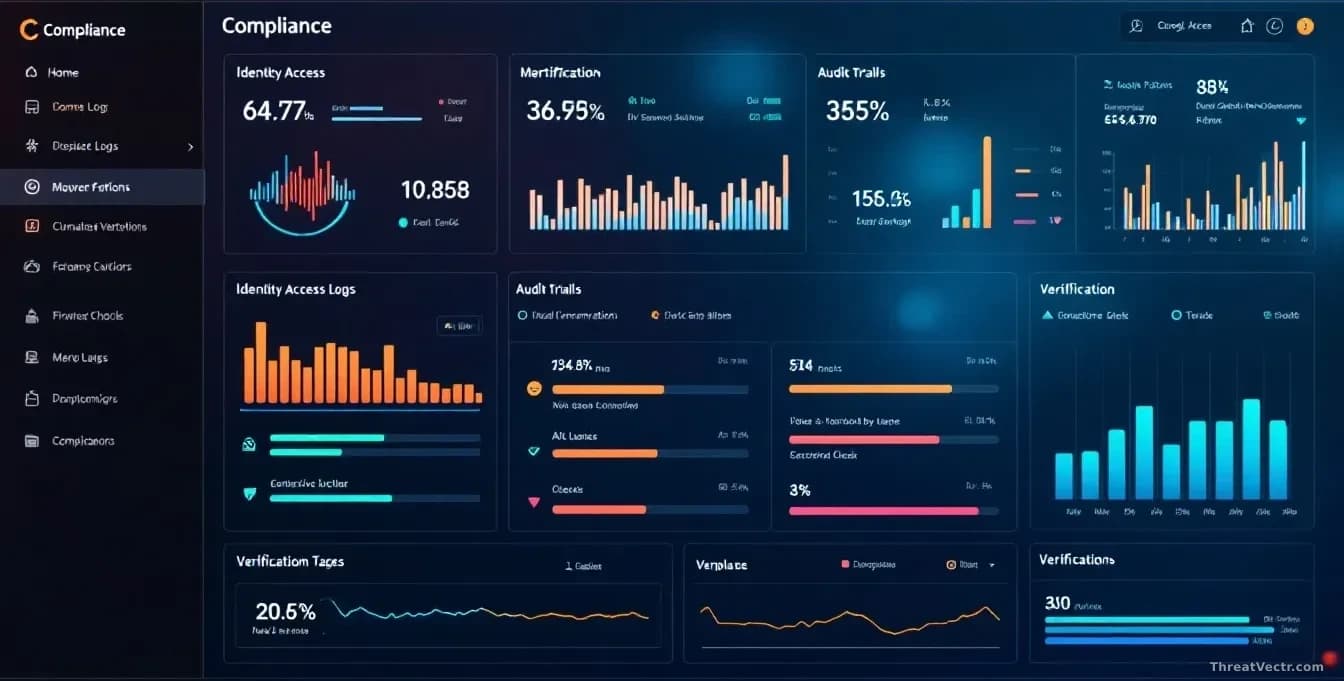 A compliance dashboard with real-time identity access logs, audit trails, and verification checks running continuously across multiple colored status indicators