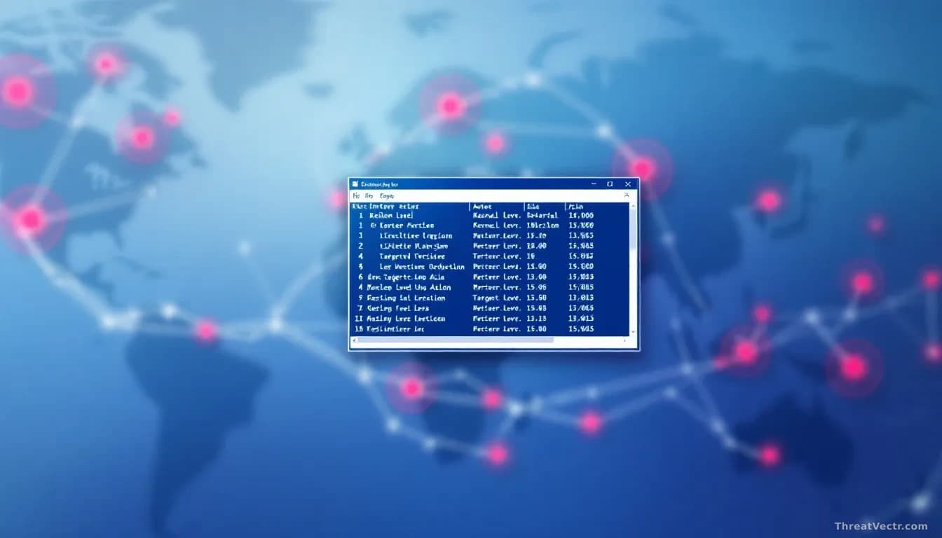A Windows system registry editor window displayed on a monitor, with kernel-level entries highlighted in red, while a map in the background shows target regions