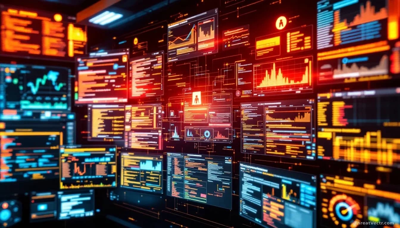 A busy security operations center wall displaying multiple stacked windows and alerts from different security tools, creating a complex layered visual of interc