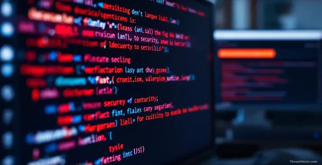 A computer screen displaying lines of code with red highlighting indicating security vulnerabilities, while a download progress bar fills in the background on a